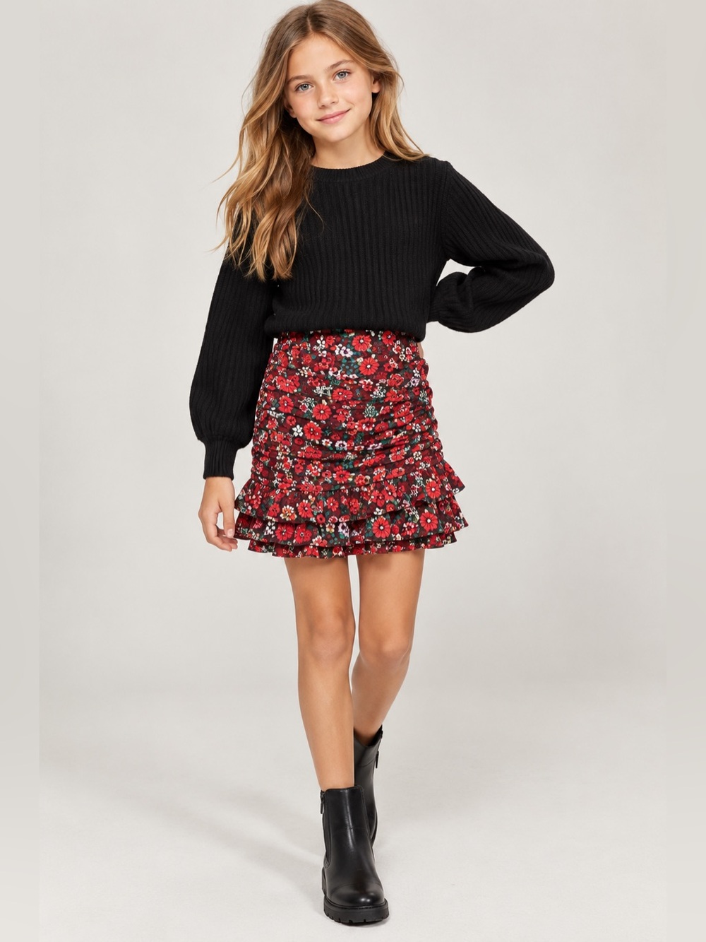 Les Coyotes de Paris Girls Floral Ruched Ruffle Skirt Red Multi Size 10 NWT